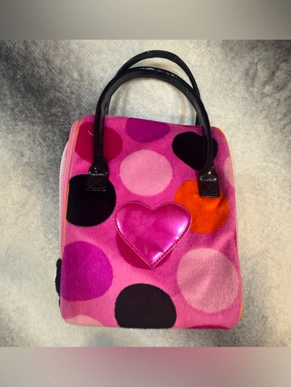 (A6) Battat Pucci Pups Pink Polka Dot Plush Dog Carrier‎ Bag Glam Heart Detail